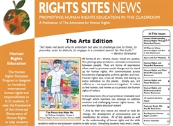 [ai] A newsletter titled 'Rights Sites News' featuring an illustration of a child and sections on human rights education. The header highlights 'The Arts Edition' with a quote by Barbra Streisand. Text discusses various art forms and their connection to human rights.